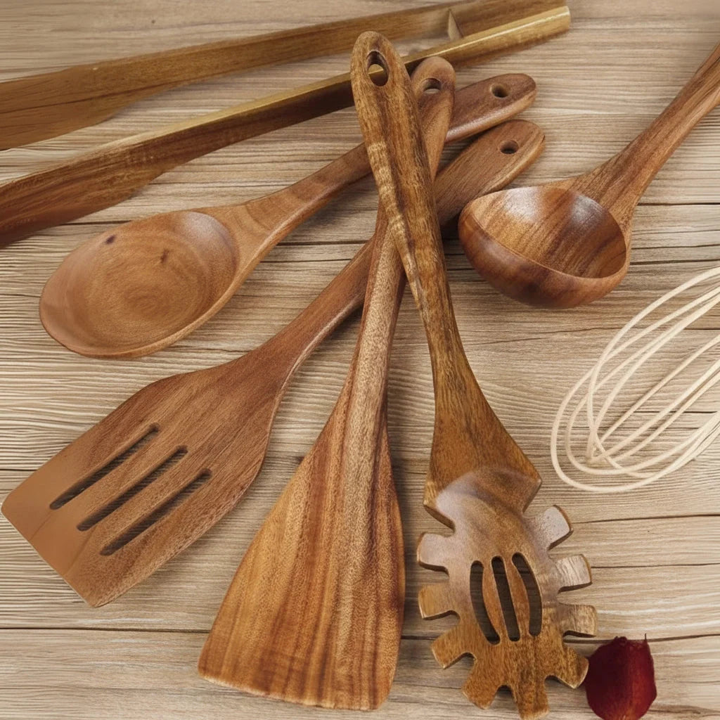 Wooden Cooking Ut utensil Set | Natural Wood, Heat-Resistant & Non-Scratch | Set of 7