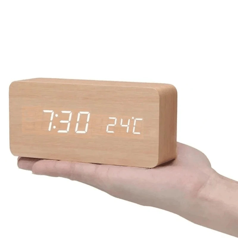 Wooden LED Clock | Voice-Activated & Adjustable Brightness | Alarm Function