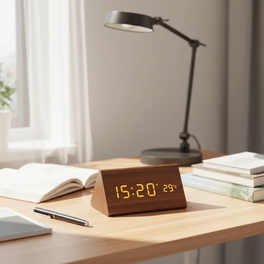 Wooden LED Clock | Voice-Activated & Adjustable Brightness | Alarm Function