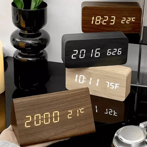 Wooden LED Clock | Voice-Activated & Adjustable Brightness | Alarm Function