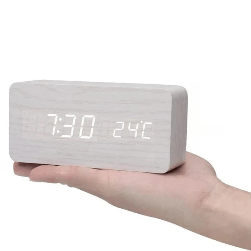 Wooden LED Clock | Voice-Activated & Adjustable Brightness | Alarm Function